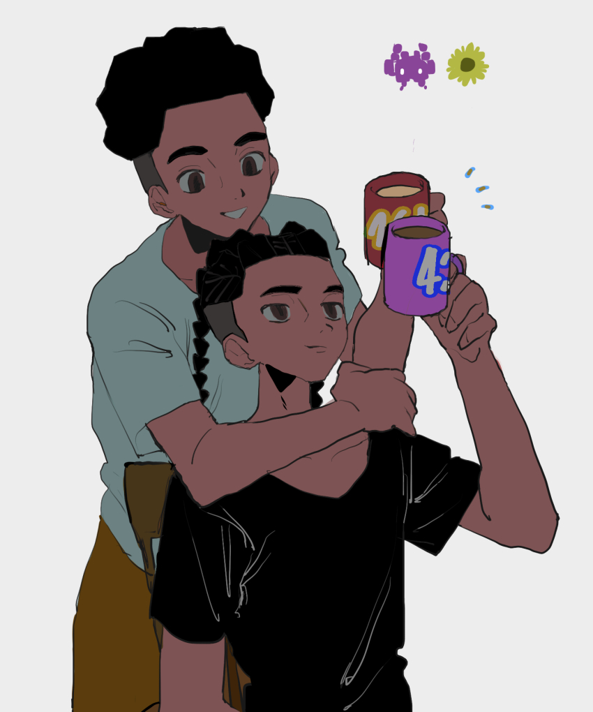 2boys black_hair black_shirt blue_shirt braid brown_eyes commentary_request cornrows cup dark-skinned_male dark_skin dual_persona grey_background highres holding holding_cup male_focus marvel miles_g._morales miles_morales multiple_boys shirt short_hair spider-man:_across_the_spider-verse spider-man_(series) spider-verse tami_tome_mo toasting_(gesture) twin_braids undercut very_short_hair