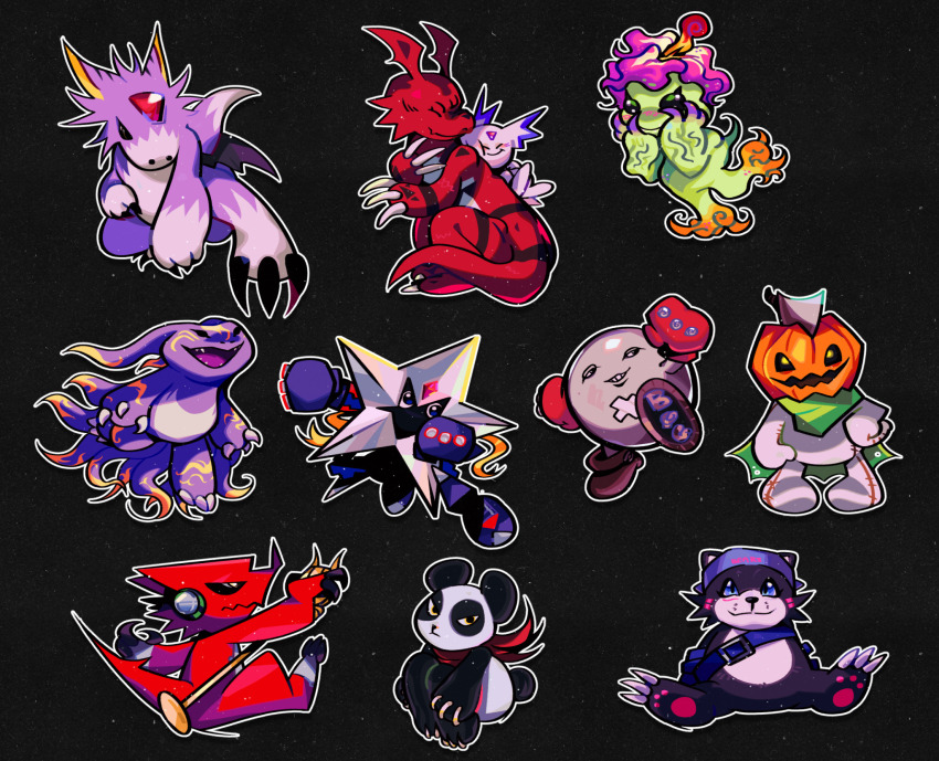 bearmon bigmamemon culumon digicore_interface digimon digimon_(creature) dorumon elecmon flower guilmon highres monster_girl palmon pandamon petals plant_girl pumpmon sharp_teeth shoutmon starmon teeth zero_unit