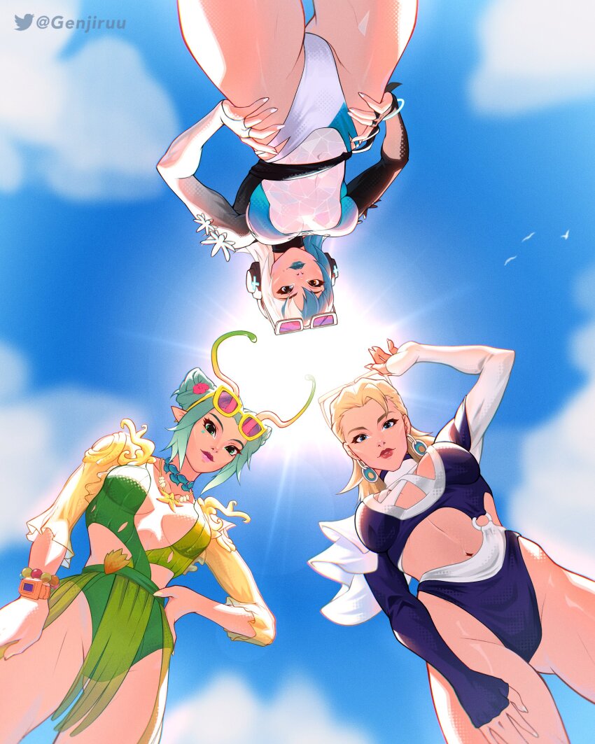 absurdres alien antennae blonde_hair blue_eyes blush breasts cleavage cleavage_cutout clothing_cutout earrings eyewear_on_head fantastic_four genjiruu green_hair green_one-piece_swimsuit guardians_of_the_galaxy heterochromia highres jewelry large_breasts long_hair looking_at_viewer luna_snow luna_snow_(cool_summer) mantis_(marvel) mantis_(oceanic_harmony)_(marvel) marvel marvel_rivals multicolored_hair navel official_alternate_costume one-piece_swimsuit pointy_ears smile split-color_hair sue_storm sue_storm_(azure_shade) sunglasses swimsuit thighs two-tone_hair