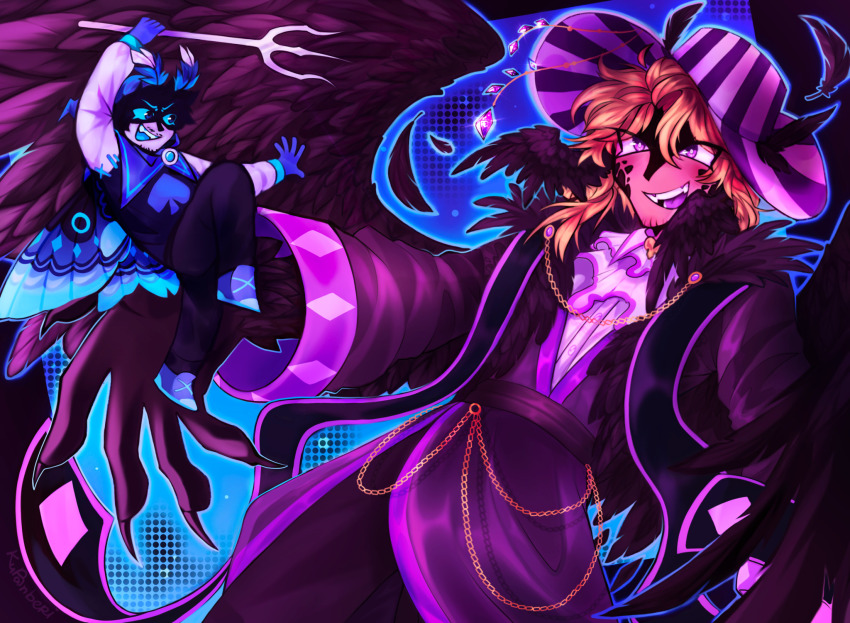 2boys antennae bird_boy bird_wings blonde_hair claws cosplay deltarune gem hat highres holding_polearm insect_wings kuranberrri lancer_(deltarune) lancer_(deltarune)_(cosplay) male_focus minecraft_youtube mini_person miniboy moth_antennae moth_boy moth_wings multiple_boys origins_smp ph1lza ph1lza_(elytrian) polearm purple_eyes sneegsnag spade_(shape) striped_clothes striped_headwear trident weapon wings