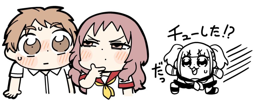 1boy 2girls :3 :d :| arm_at_side arms_at_sides bkub blush brown_eyes brown_hair chibi chibi_only closed_mouth collared_shirt dot_mouth dot_nose hand_on_own_chin hand_up highres komura_kaede long_hair mie_ai motion_lines multiple_girls neckerchief nose_blush open_mouth pink_eyes pink_hair red_sailor_collar running sailor_collar school_uniform serafuku shirt short_hair short_sleeves simple_background smile someya_narumi speed_lines sukinako_ga_megane_wo_wasureta sweat translation_request twintails v-shaped_eyebrows white_background white_shirt yellow_neckerchief