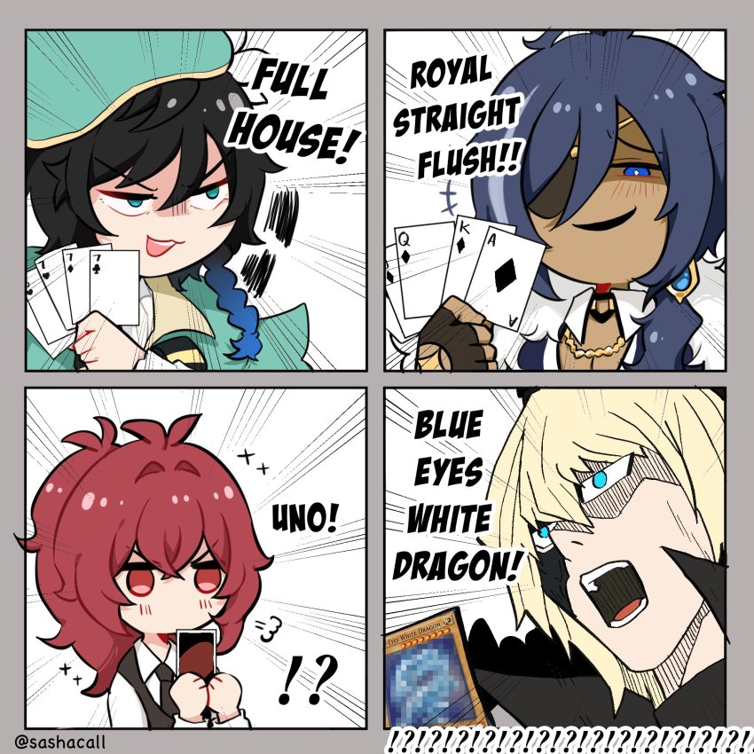 4boys ace_(playing_card) ace_of_diamonds bare_shoulders black_hair blonde_hair blue-eyes_white_dragon card censored dainsleif_(genshin_impact) dark-skinned_male dark_skin diamond_(shape) diluc_(genshin_impact) earrings english_text genshin_impact green_headwear hair_between_eyes hat highres holding holding_card jack_(playing_card) jack_of_diamonds jewelry kaeya_(genshin_impact) king_(playing_card) king_of_diamonds long_hair mosaic_censoring multiple_boys playing_card queen_(playing_card) queen_of_diamonds red_hair sashacall simple_background single_earring smile tassel tassel_earrings tsuda_kenjirou uno_(game) venti_(genshin_impact) voice_actor_connection you&#039;re_doing_it_wrong yu-gi-oh! yu-gi-oh!_duel_monsters