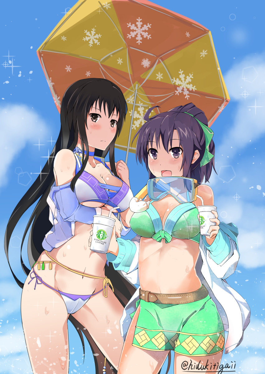 2girls absurdres arwing bare_legs bikini black_hair blush brand_name_imitation breasts brown_eyes cleavage fir_(fire_emblem) fire_emblem fire_emblem:_the_binding_blade fire_emblem:_the_blazing_blade goggles highres hizukichi_(windplay) huge_filesize karla_(fire_emblem) large_breasts long_hair mother_and_daughter multiple_girls nintendo open_mouth ponytail purple_eyes purple_hair smile swimsuit