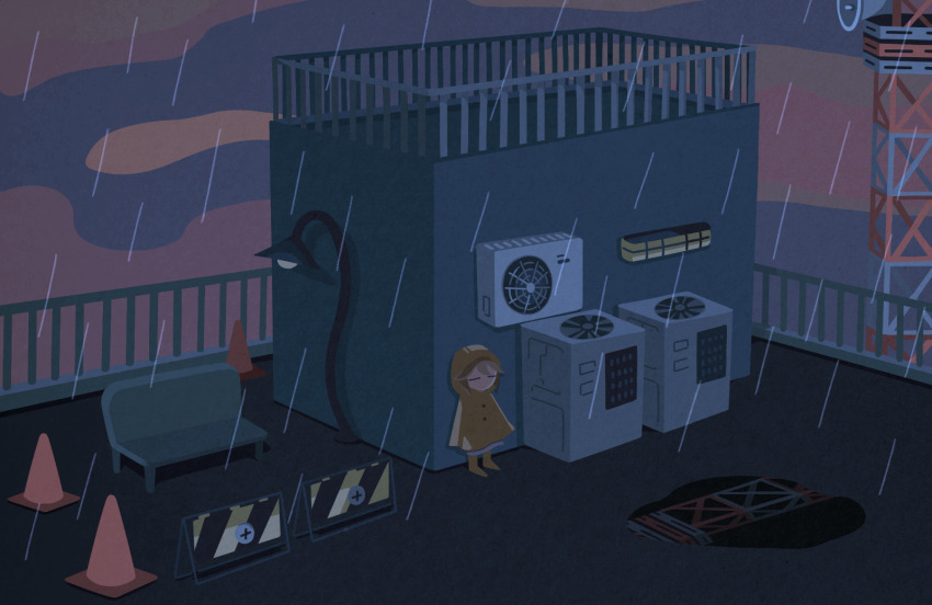 1girl against_wall air_conditioner bench blonde_hair boots closed_eyes commentary_request condenser_unit expressionless highres hood hood_up horn_speaker lamppost no_mouth outdoors overcast puddle radio_tower railing rain raincoat reflection reflective_water roadblock rooftop rubber_boots sky solo standing suyazzz_(soyoyon) traffic_cone urotsuki wide_shot yellow_boots yume_2kki