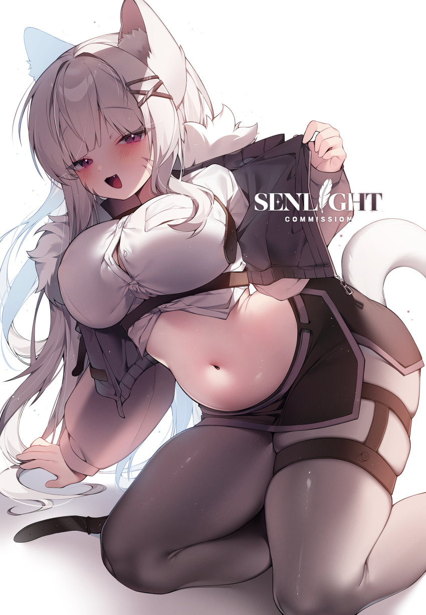 1girl abeli absurdres animal_ears belt black_shorts breast_pocket breasts cat_ears cat_girl cat_tail chest_harness cleavage commission covered_erect_nipples crop_top dolphin_shorts dress_shirt facial_mark fang fur_trim grey_pantyhose hair_ornament hairclip harness highres jacket kneeling large_breasts long_hair long_sleeves looking_at_viewer midriff navel off_shoulder open_clothes open_jacket open_mouth original pantyhose partially_unbuttoned pocket puffy_long_sleeves puffy_sleeves purple_eyes sen_light shirt short_shorts shorts side_slit simple_background skindentation smile solo stomach tail thigh_strap white_background white_hair white_shirt x_hair_ornament