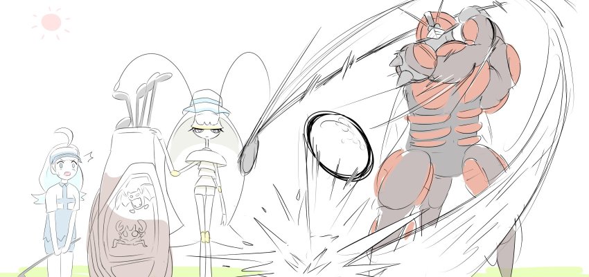 1girl ^^^ ahoge antennae blue_eyes blue_hair bug buzzwole cockroach elite_four gen_1_pokemon gen_7_pokemon golbat golf golf_club highres insect kahili_(pokemon) krabby legendary_pokemon long_hair makenkani mole mole_under_eye mosquito nintendo open_mouth partially_colored pheromosa pokemon pokemon_(creature) pokemon_sm simple_background sun tiara ultra_beast visor_cap white_background