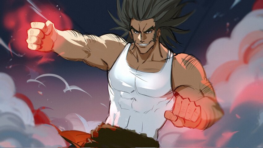 1boy arm_hair aura bara chest_hair clenched_hands covered_abs cowboy_shot fighting_stance grin hairy highres hunter_x_hunter knuckle_hair large_pectorals long_sideburns looking_at_viewer male_focus mature_male muscular muscular_arms muscular_male pectoral_cleavage pectorals short_hair sideburns smile solo tank_top uvogin v-shaped_eyebrows white_tank_top wispzoa