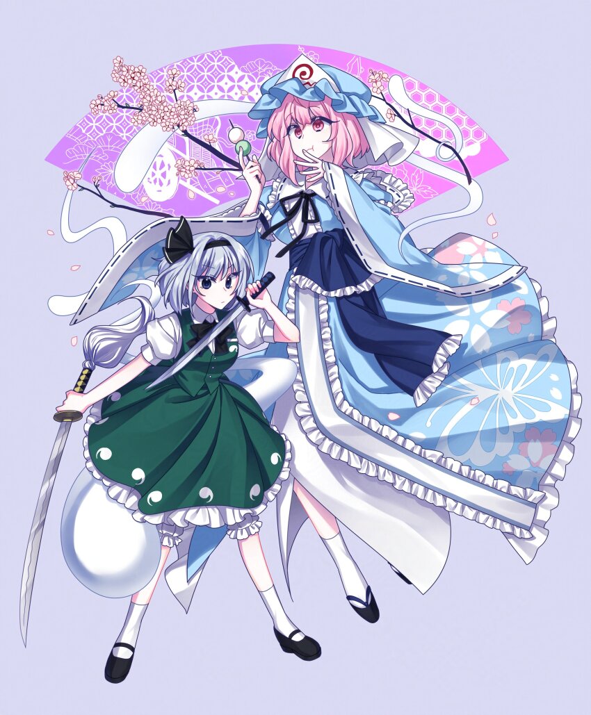 2girls absurdres animal_print black_bow black_bowtie black_hairband bloomers blue_kimono bow bowtie butterfly_print cherry_blossoms closed_mouth collared_shirt commentary dango dual_wielding eating falling_petals food frilled_kimono frills ghost green_skirt green_vest grey_hair hairband hat highres hitodama hitodama_print holding holding_skewer holding_sword holding_weapon japanese_clothes katana kimono konpaku_youmu konpaku_youmu_(ghost) long_sleeves mob_cap multiple_girls neck_ribbon petal_print petals pink_eyes pink_hair pink_petals print_kimono puffy_short_sleeves puffy_sleeves purple_background ribbon saigyouji_yuyuko saigyouji_yuyuko&#039;s_fan_design sanshoku_dango shirt shoes short_sleeves simple_background skewer skirt skirt_set sleeve_garter socks sword toichou_butterfly touhou triangular_headpiece underwear unsheathed vest wagashi weapon white_bloomers white_shirt white_socks wide_sleeves