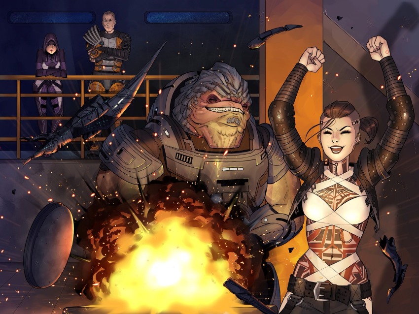 2boys 2girls comic excited explosion fire grunt_(mass_effect) highres jack_(mass_effect) kasia_nie kasumi_goto mass_effect_(series) multiple_boys multiple_girls night reaper_(mass_effect) shadow tumblr zaeed_massani