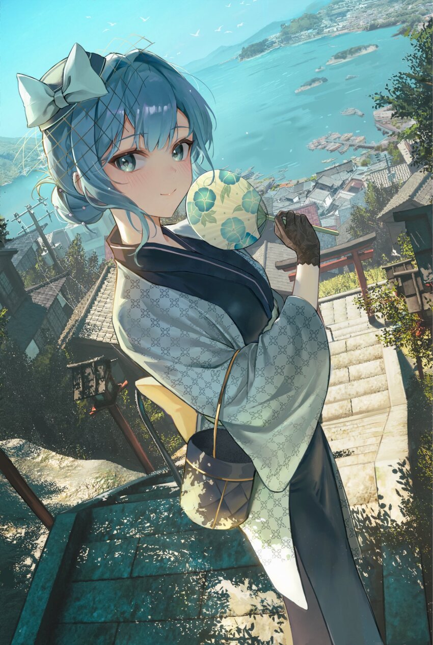 1girl blue_eyes blue_hair commentary_request hair_net hair_ornament hair_ribbon highres hololive hoshimachi_suisei looking_at_viewer ribbon shinto solo stairs torii virtual_youtuber yulmu1005