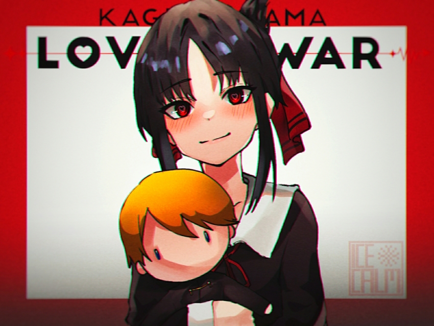 1girl artist_logo artist_name black_dress black_hair blonde_hair blush border cardiogram character_doll collarbone collared_dress copyright_name doll dress folded_ponytail gakuran hair_ribbon hair_up head_tilt heart heart-shaped_pupils heartbeat highres holding holding_doll ice_calm kaguya-sama_wa_kokurasetai_~tensai-tachi_no_renai_zunousen~ light_smile logo long_sleeves looking_at_viewer neck_ribbon outside_border parted_bangs raised_eyebrows red_background red_eyes red_ribbon ribbon school_uniform shinomiya_kaguya shirogane_miyuki shuuchiin_academy_school_uniform sidelocks smile solo symbol-shaped_pupils upper_body white_background