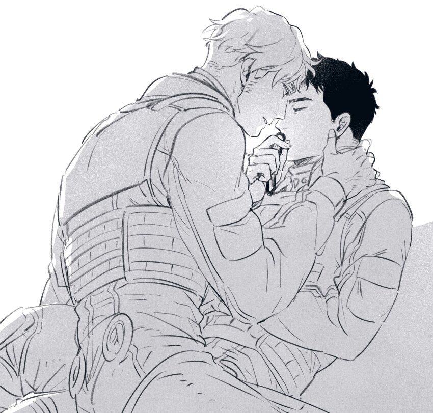 2boys aki_(supekutooru) ao_isami arm_pouch couple dog_tags face-to-face facial_hair feet_out_of_frame greyscale hand_on_another&#039;s_neck highres holding_dog_tags jumpsuit lewis_smith male_focus monochrome multiple_boys short_hair sideburns_stubble simple_background sketch stubble white_background yaoi yuuki_bakuhatsu_bang_bravern
