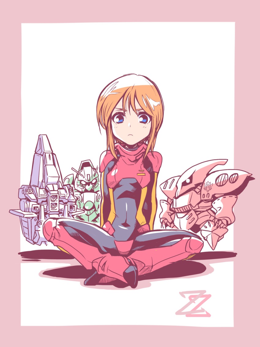 1girl blue_eyes border chibi gundam gundam_zz highres indian_style kato_takuji looking_at_viewer mecha orange_hair pilot_suit psyco_gundam_mk_ii puru_two qubeley_mk_ii quin_mantha robot shadow short_hair sitting