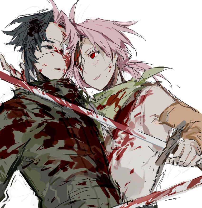 2boys black_eyes black_hair blood blood_on_clothes blood_on_face bloody_weapon chinese_commentary colored_eyelashes commentary_request detached_sleeves dita_iliner green_jacket green_scarf highres holding holding_sword holding_weapon jacket lei_renqun_xing_shanyao_shi male_focus multicolored_hair multiple_boys mutsushika_misumi open_mouth orange_sleeves pink_hair red_eyes saibou_shinkyoku scarf shirt short_hair simple_background sketch sleeveless sleeveless_shirt smile split-color_hair sword two-tone_hair upper_body weapon white_background white_shirt