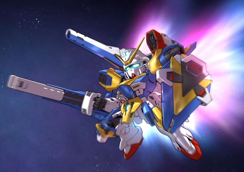 absurdres aqua_eyes beam_cannon chibi energy_wings exhaust glowing glowing_eyes gun gundam highres holding holding_gun holding_shield holding_weapon mecha mixed-language_commentary mobile_suit no_humans robot sd_gundam shield solo v2_assault-buster_gundam v2_gundam victory_gundam weapon zakuma