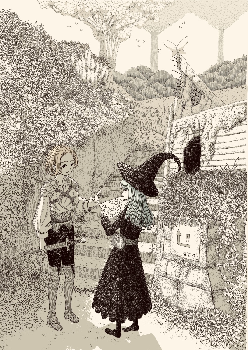 2girls absurdres armor belt blonde_hair boots bug butterfly crosshatching dress fantasy grass green_hair greyscale hat hatching_(texture) highres holding holding_map holding_sword holding_weapon index_finger_raised insect knee_boots long_hair map monochrome multiple_girls nature nigirizusi1 original pale_color pants scenery sheath sheathed short_hair shoulder_armor spot_color stairs standing sword traditional_media tree weapon witch witch_hat