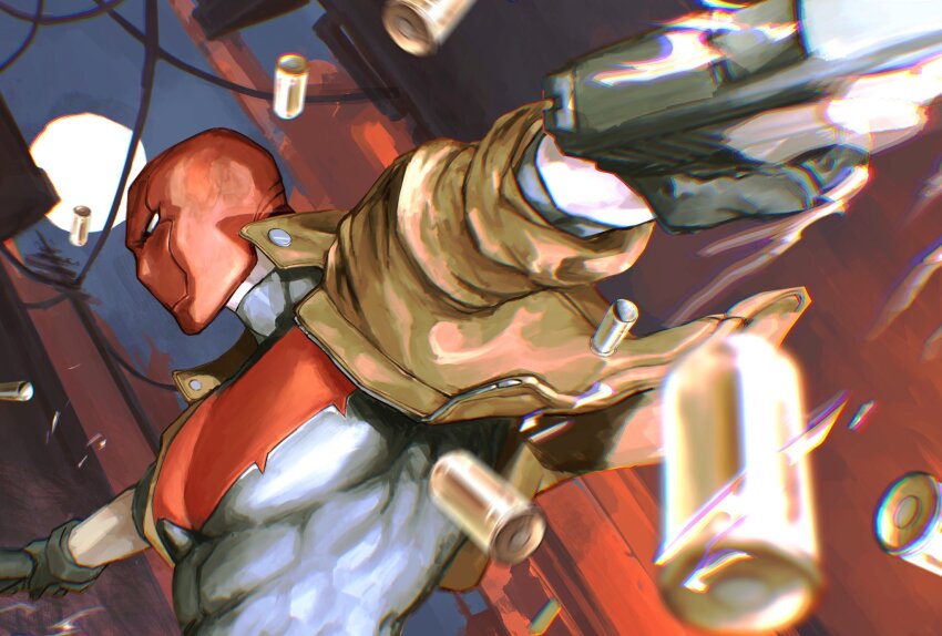 1boy batman_(series) black_bodysuit black_gloves bodysuit brown_jacket dc_comics gloves grey_bodysuit highres holding jacket jason_todd male_focus mask muscular muscular_male open_clothes pectorals red_hood_(dc) red_mask solo superhero_costume two-tone_bodysuit tyt_tham