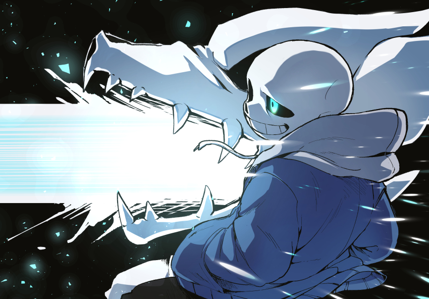 ahin_vpv back black_sclera black_shorts blue_eyes colored_sclera glowing glowing_eyes grin hands_in_pockets highres hood hoodie jacket laser male_focus sans_(undertale) shorts skeleton smile solo teeth undertale