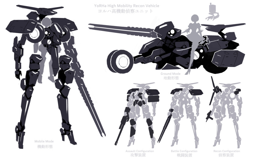 2b_(nier:automata) bicycle english_text highres mecha nier:automata nier_(series) original pencil_pusher pod_(nier:automata) robot simple_background transformation