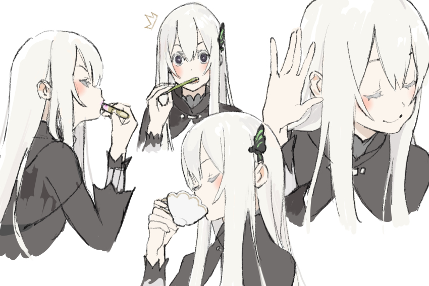 absurdres blush butterfly_hair_ornament closed_eyes closed_mouth colored_eyelashes cropped_shoulders cup drinking echidna_(re:zero) eyelashes facing_to_the_side from_side hair_ornament hand_to_head highres holding holding_cup kakeami listening multiple_views purple_eyes re:zero_kara_hajimeru_isekai_seikatsu smile surprised teacup thick_eyelashes turning_head upper_body white_background white_eyelashes white_hair