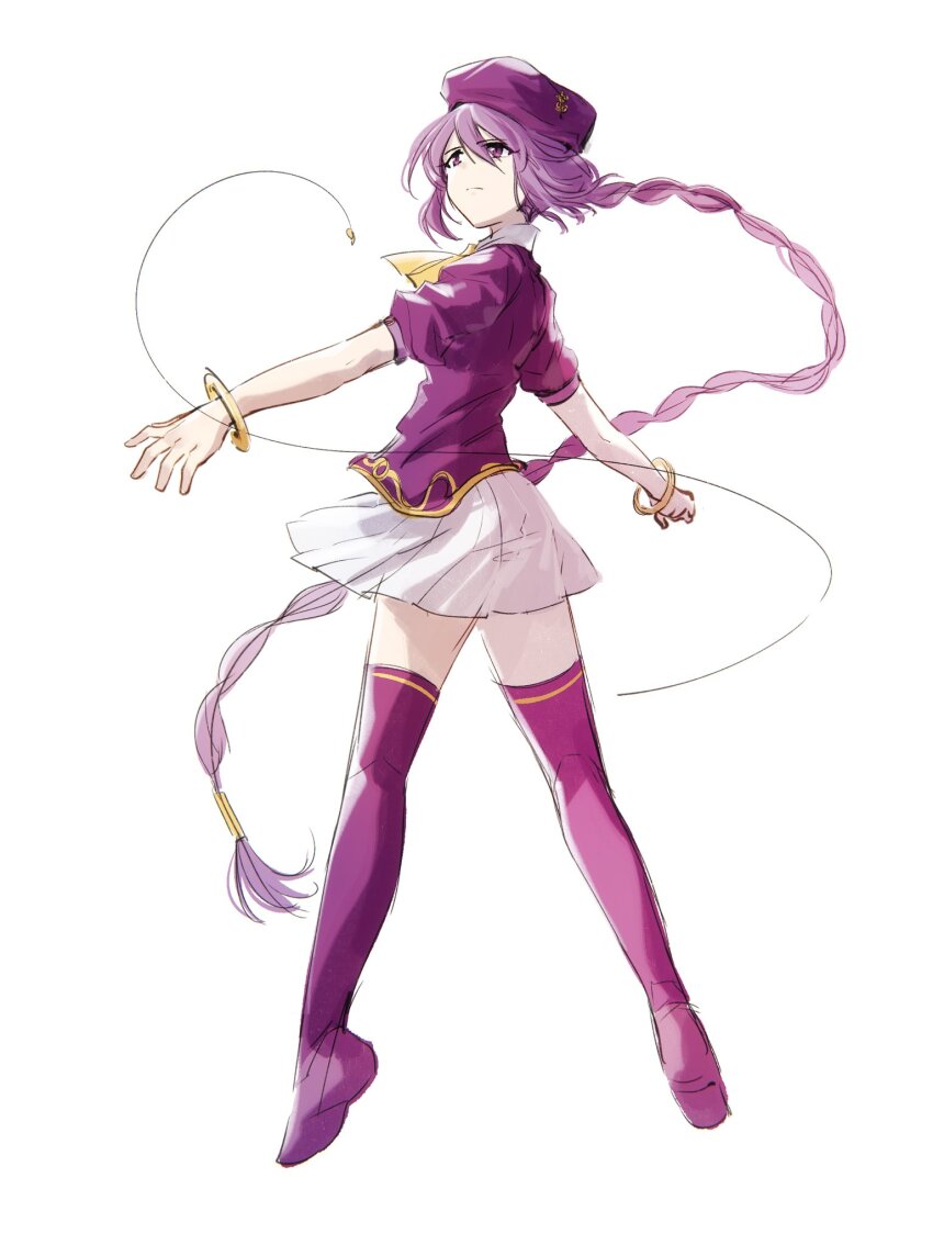 1girl braid braided_ponytail from_behind hat highres jacket long_hair looking_up melty_blood miniskirt pleated_skirt purple_eyes purple_hair purple_hat purple_jacket simple_background sion_eltnam_(type-moon) sion_eltnam_atlasia skirt solo tara3763 thighhighs tsukihime white_background white_skirt zettai_ryouiki