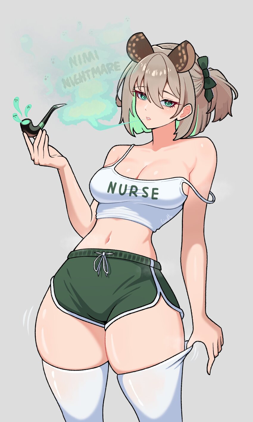 1girl absurdres alternate_costume animal_ears breasts camisole character_name cleavage colored_inner_hair crop_top dolphin_shorts ginotty green_eyes green_hair green_shorts grey_background grey_hair highres indie_virtual_youtuber large_breasts multicolored_hair naplings_(nimi_nightmare) navel nimi_nightmare short_shorts shorts simple_background smoke smoking smoking_pipe solo tapir_ears tapir_girl thighhighs thighhighs_pull virtual_youtuber white_camisole white_thighhighs