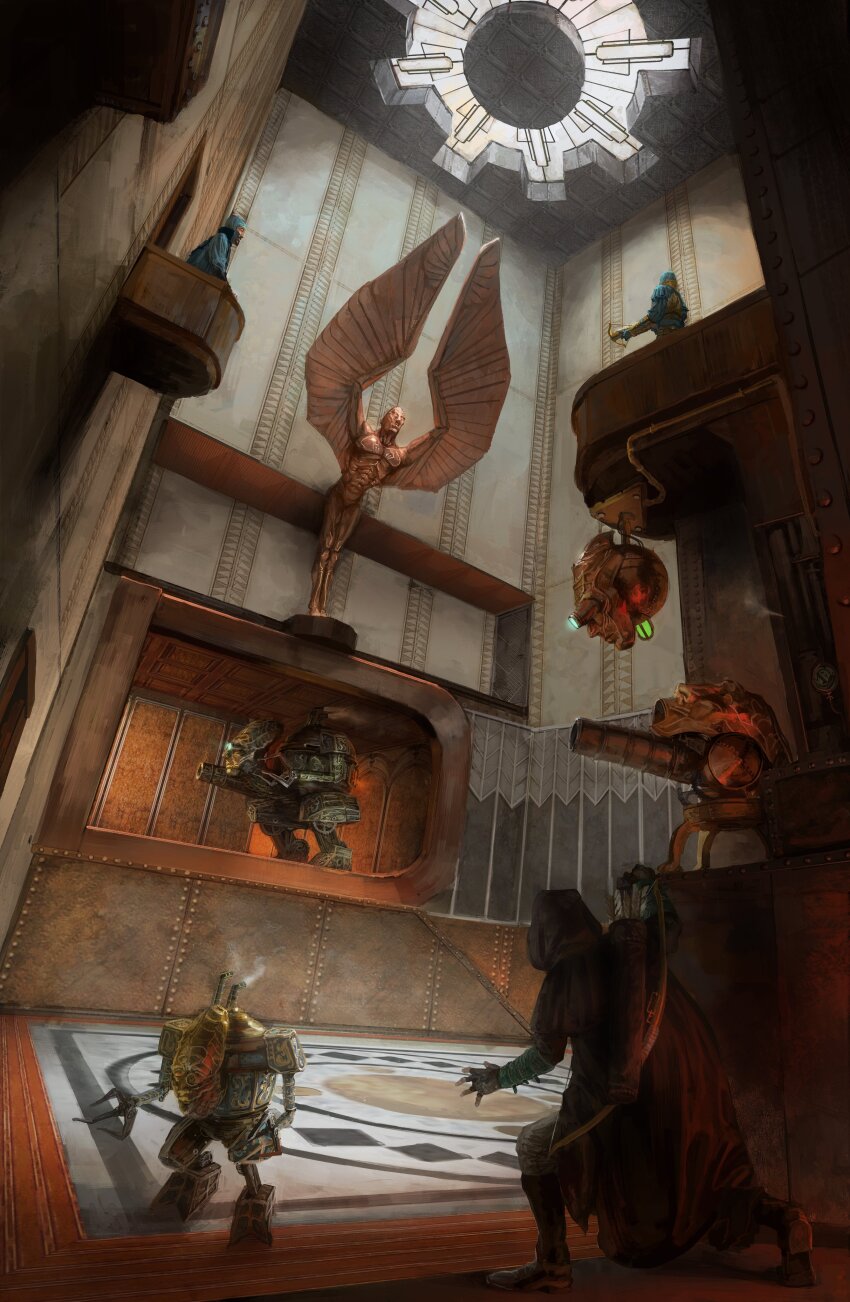 2boys absurdres balcony bow_(weapon) cape crossbow fantasy garrett_(thief) hiding highres holding holding_crossbow holding_weapon hood hooded_cape indoors multiple_boys quiver security_camera shadow skylight solo statue steampunk sunlight thief_(game) weapon whaleoil