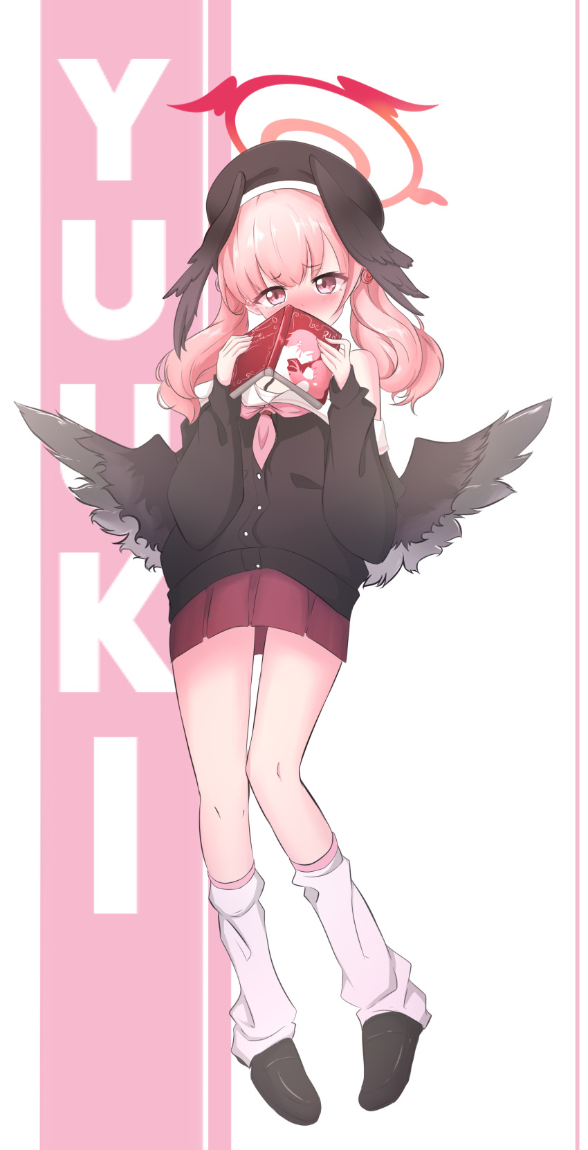 1girl absurdres beret black_hat black_shirt black_shoes black_wings blue_archive blush book commentary commission english_commentary feathered_wings feint721 halo hat head_wings highres holding holding_book koharu_(blue_archive) looking_at_viewer miniskirt pink_eyes pink_hair pink_theme pornography red_skirt shirt shoes skirt socks solo white_socks wings