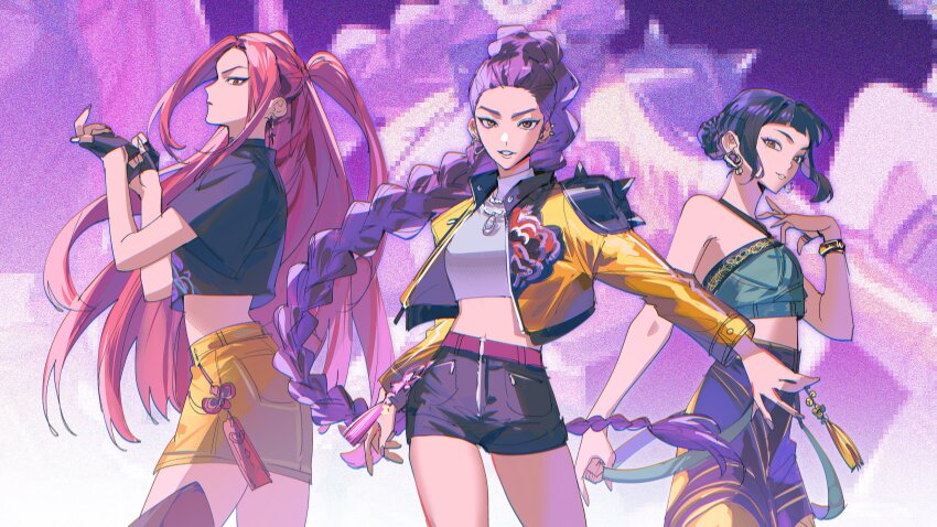 3girls absurdres black_gloves black_hair black_shirt black_shorts blue_shirt bracelet braid brown_eyes commentary crop_top earrings fingerless_gloves gloves hair_bun halterneck hashtag-only_commentary highres jacket jewelry kaohom503_2 kpop_demon_hunters long_hair midriff mira_(kpop_demon_hunters) multiple_girls necklace pink_hair rumi_(kpop_demon_hunters) shirt shorts single_braid skirt tassel turtleneck turtleneck_shirt two_side_up very_long_hair white_shirt yellow_jacket yellow_skirt zoey_(kpop_demon_hunter) zoom_layer