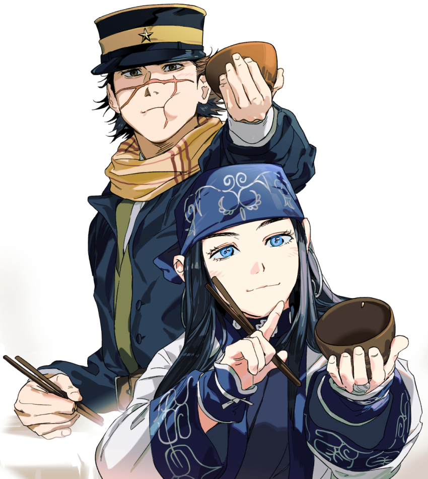 ainu ainu_clothes asirpa bandana black_hair blue_bandana blue_eyes bowl cape chewing chopsticks cloak commentary earrings eating english_commentary facial_scar fur_cape fur_cloak golden_kamuy hat highres holding holding_bowl holding_chopsticks hoop_earrings imperial_japanese_army jewelry kepi luke_skyfaller mature_male military_hat rice scar scar_on_cheek scar_on_face scar_on_mouth scar_on_nose smile sugimoto_saichi