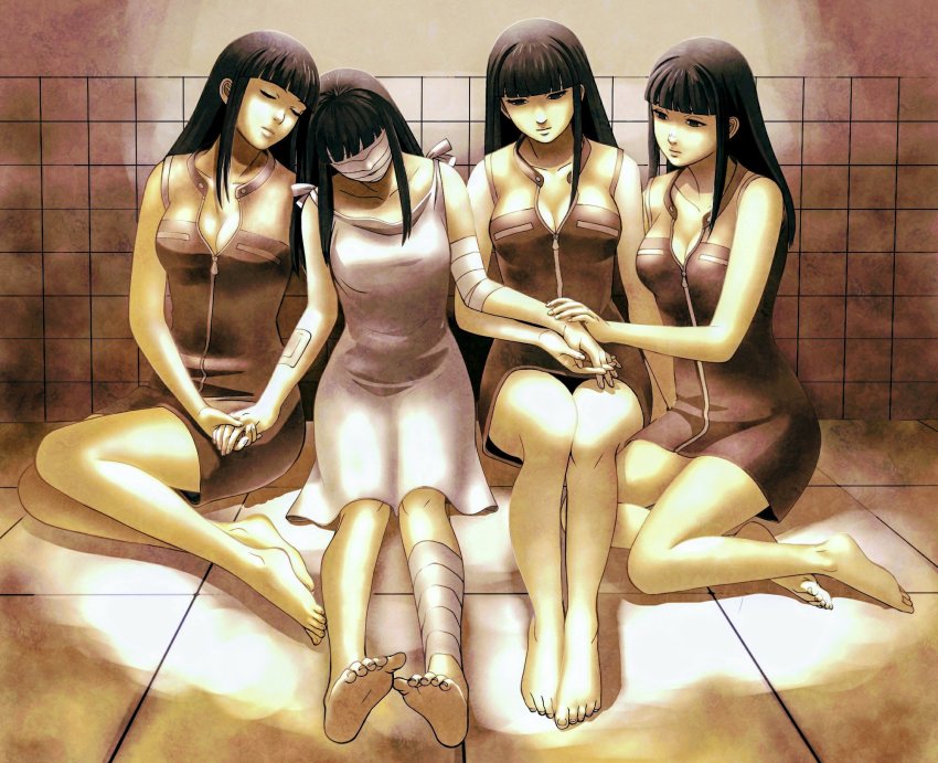 bandages barefoot black_hair breasts cleavage closed_mouth dress feet highres linda_cube long_hair medium_breasts multiple_girls qoota sachiko_(linda_cube) sleeveless