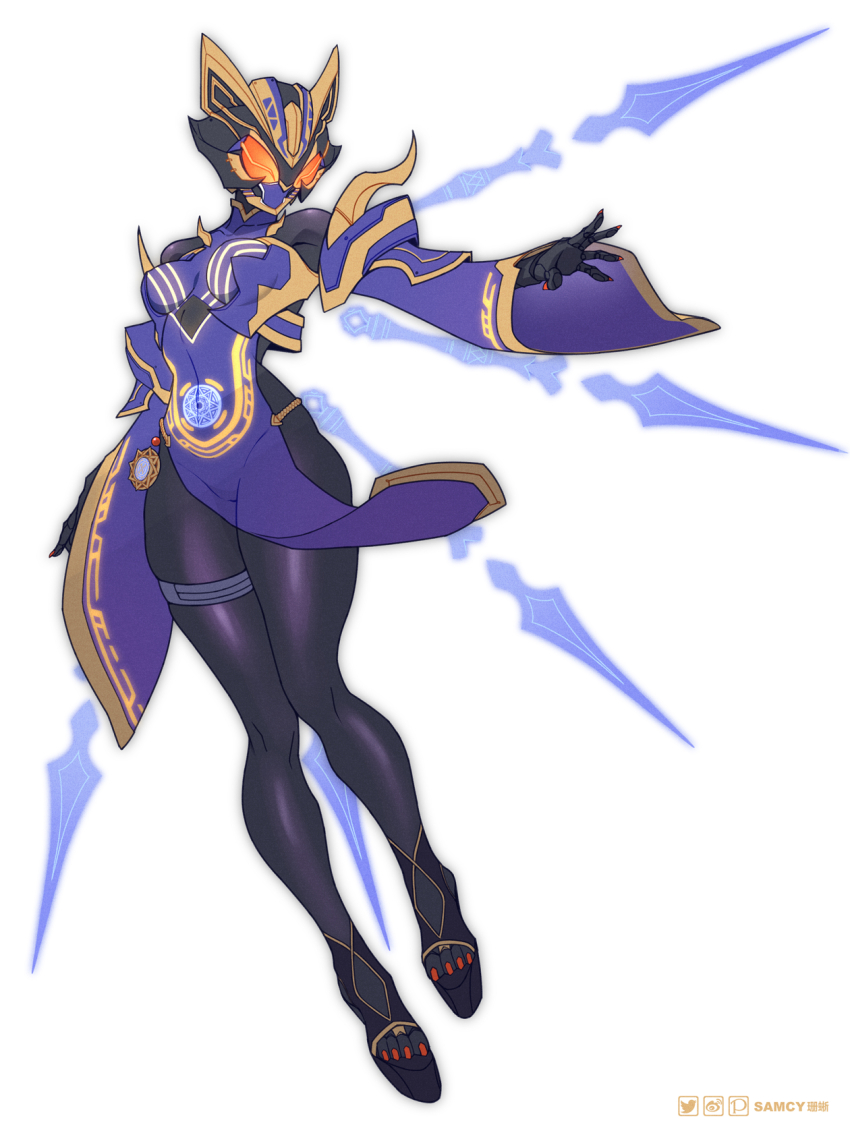 1girl armor black_bodysuit black_gloves blue_armor blue_sleeves bodysuit breasts cat_tail contrapposto rider_belt fangs fantasy_buckle fingernails gloves glowing glowing_eyes gold_trim highres horns id_core kamen_rider kamen_rider_geats_(series) kamen_rider_na-go legs_together looking_at_viewer magic magician medium_breasts open_hands raise_buckle rider_belt tail tokusatsu tongzhen_ganfan yellow_eyes