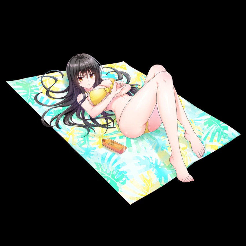 1girl armpits arms_behind_head averting_eyes bikini black_hair blush breasts brown_eyes covered_erect_nipples dolphin_wave elbow_gloves embarrassed gloves gold_bikini highres kotegawa_yui large_breasts long_hair navel official_art ootomo_takuji solo swimsuit thighhighs to_love-ru to_love-ru_darkness white_gloves