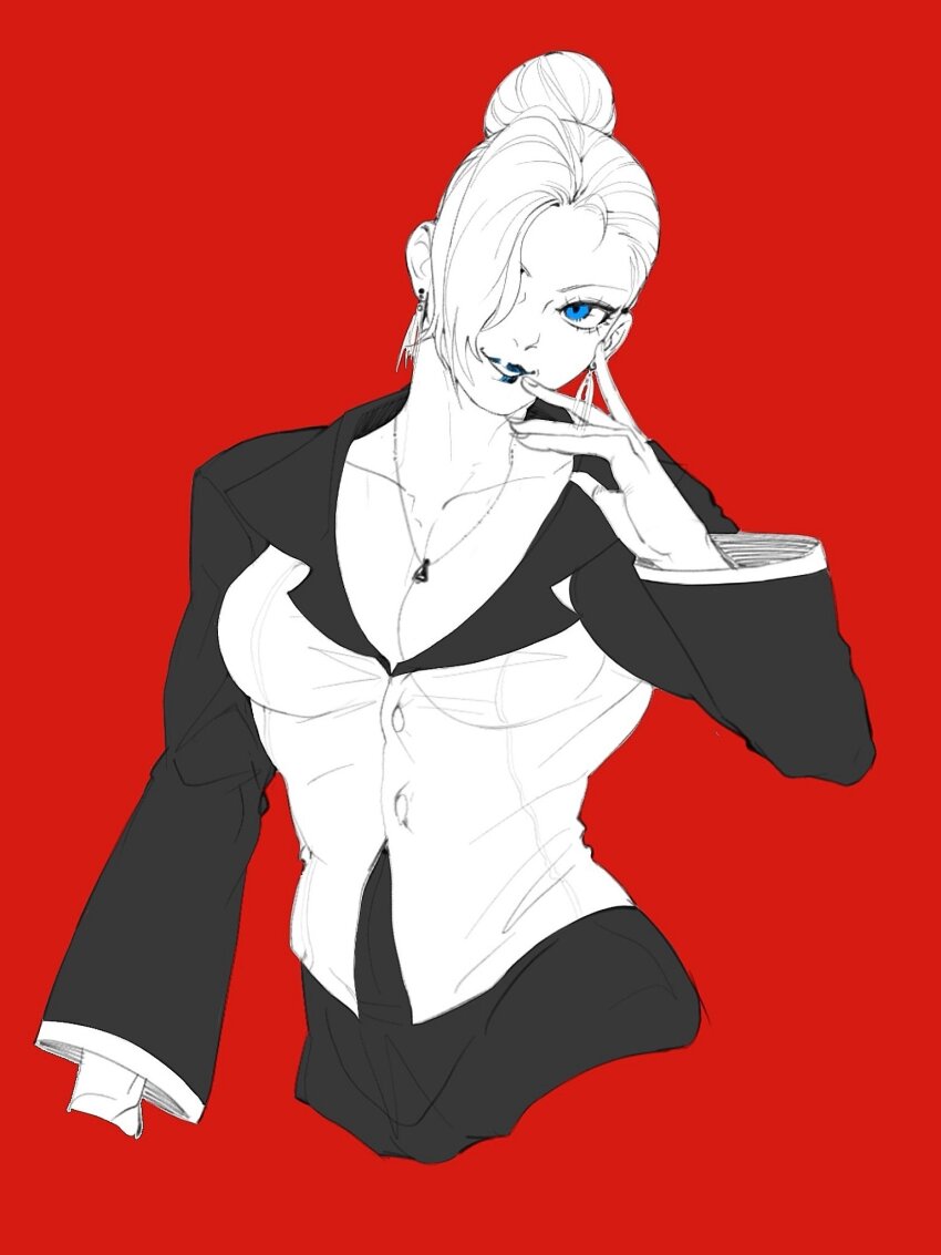 1girl blue_eyes breasts cleavage curvy dress earrings formal_clothes hair_bun highres jewelry laoyannnnzi_ large_breasts long_hair long_sleeves mature_(kof) medium_breasts one_eye_covered pale_skin standing suit the_king_of_fighters