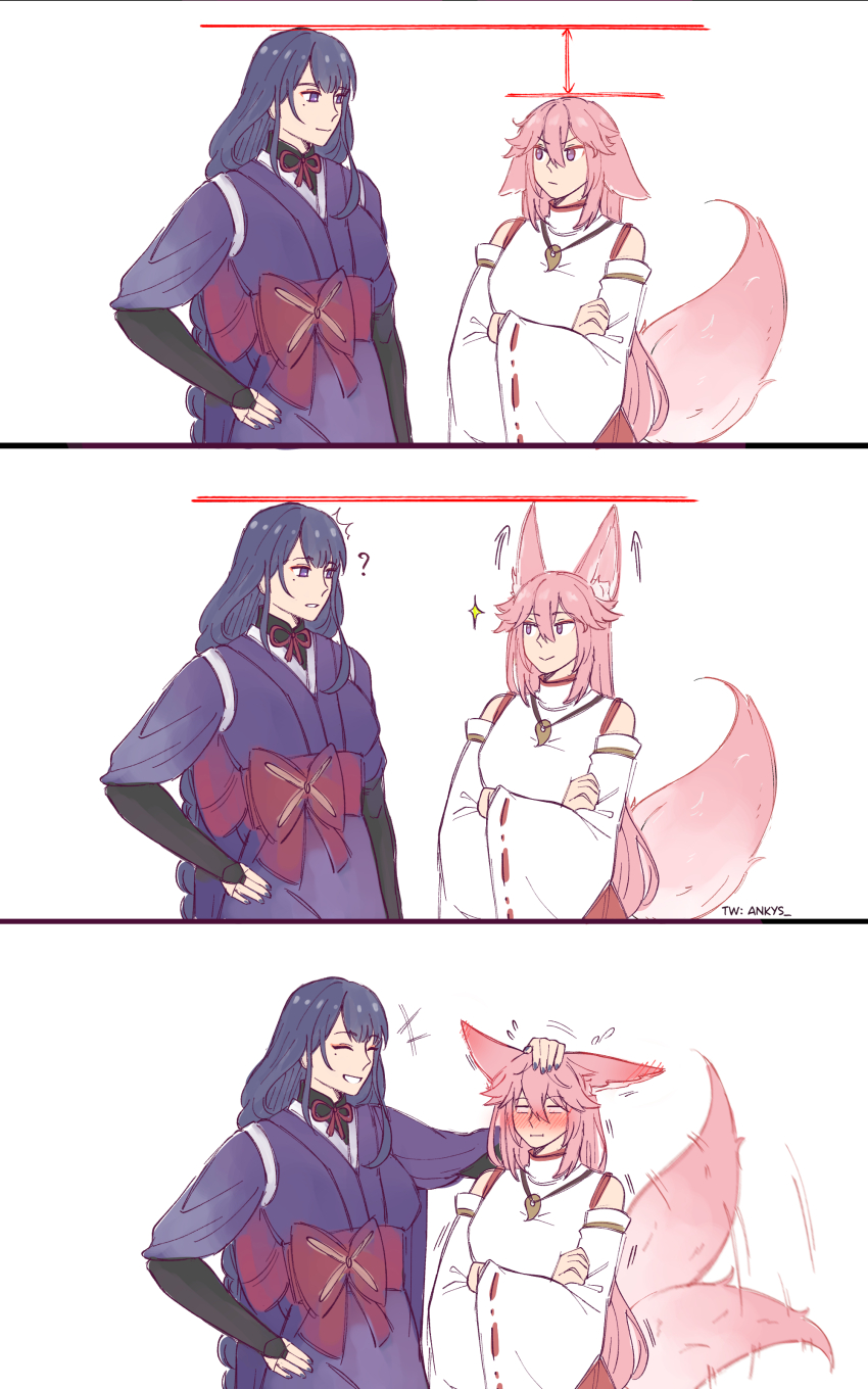 2girls absurdres afterimage animal_ear_fluff animal_ears ankie_(ankys_) artist_name blush comic confused crossed_arms ears_down ears_up fox_ears fox_girl fox_tail genshin_impact hand_on_another&#039;s_head hand_on_own_hip headpat height_chart height_conscious height_difference height_envy highres japanese_clothes kimono long_hair long_sleeves looking_at_another mole mole_under_eye multiple_girls obi pet pink_hair purple_eyes purple_hair raiden_shogun sash scratching_head size_difference sparkle tail tail_wagging tall_female very_long_hair wide_sleeves yae_miko