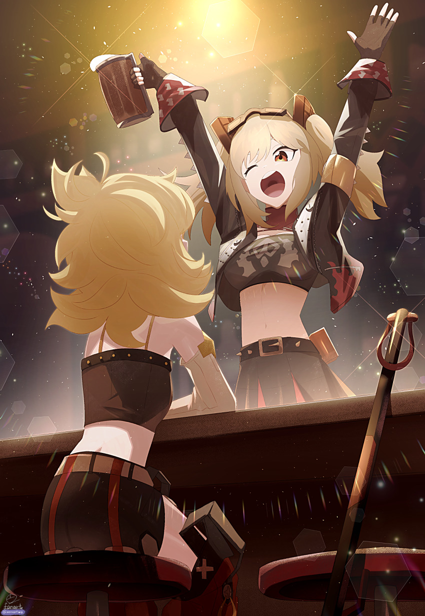 2girls black_jacket black_skirt blonde_hair breasts burnice_white crop_top eyewear_on_head gloves green_eyes highres jacket large_breasts long_hair looking_at_viewer multiple_girls open_mouth piper_wheel red_eyes shorts skirt sunglasses thighhighs twintails zenless_zone_zero zeroartwo