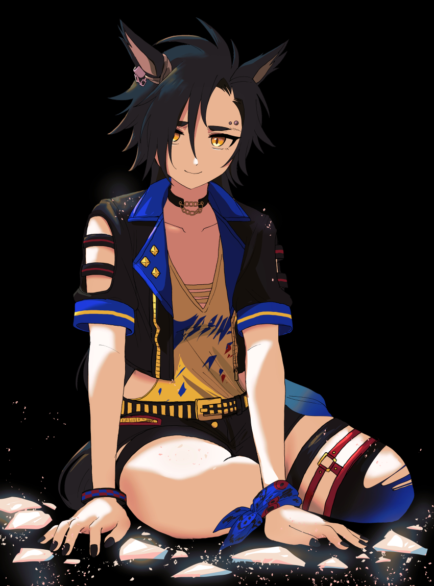 1girl absurdres air_shakur_(umamusume) animal_ears asymmetrical_bangs bandana_around_arm belt black_background black_hair black_jacket black_nails black_shorts broken_glass choker closed_mouth clothing_cutout collarbone cropped_jacket ear_ornament eyebrow_piercing face_piercing glass hair_over_one_eye highres horse_ears horse_girl horse_tail jacket looking_at_viewer open_clothes open_jacket piercing samedonburi shirt shorts shoulder_cutout single_thighhigh sitting smile solo tail thighhighs umamusume wristband yellow_eyes yellow_shirt yokozuwari