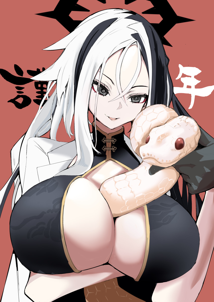 1girl absurdres between_breasts black_dress black_gloves black_halo blue_archive breasts china_dress chinese_clothes chinese_zodiac cleavage cleavage_cutout clothing_cutout coat coat_on_shoulders dress exa1018 gloves halo highres kai_(blue_archive) lab_coat large_breasts multicolored_hair new_year petting snake split-color_hair spread_cleavage two-tone_hair white_coat