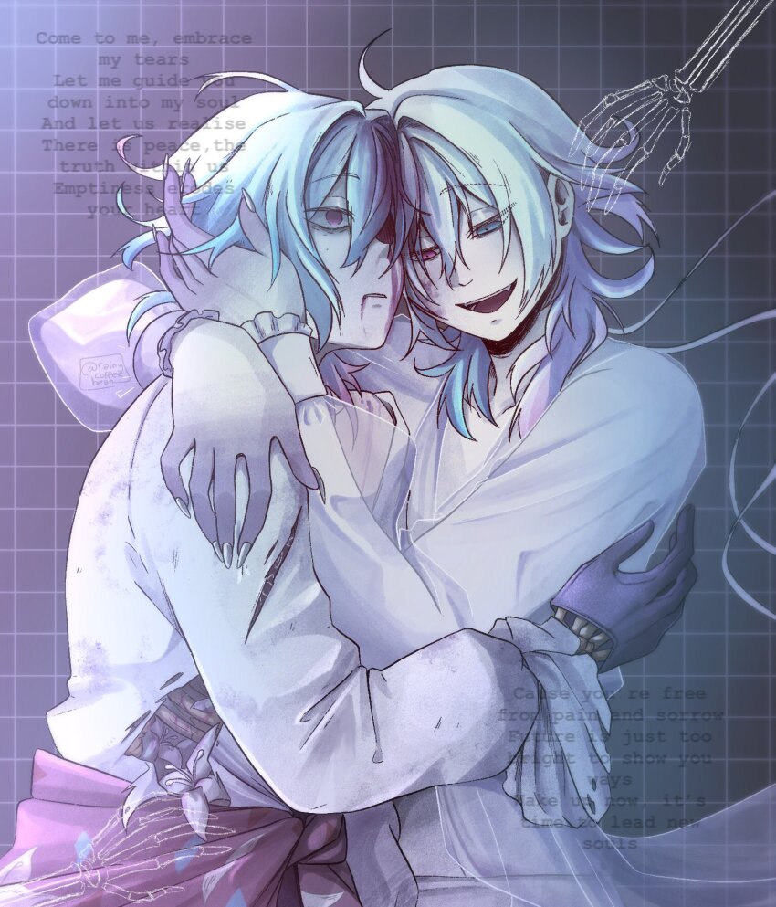 2boys alternate_costume black_gloves blood blood_from_mouth blood_on_face blue_eyes blue_hair commentary death empty_eyes flower gavis_bettel gavis_bettel_(1st_costume) gloves grey_hair hair_between_eyes heterochromia highres holostars holostars_english hug jewelry long_sleeves lyrics male_focus medium_hair multicolored_hair multiple_boys open_mouth pink_eyes pink_hair rainycoffeebean shirt skeletal_arm skeletal_hand smile torn_clothes torn_shirt upper_body virtual_youtuber white_flower white_shirt