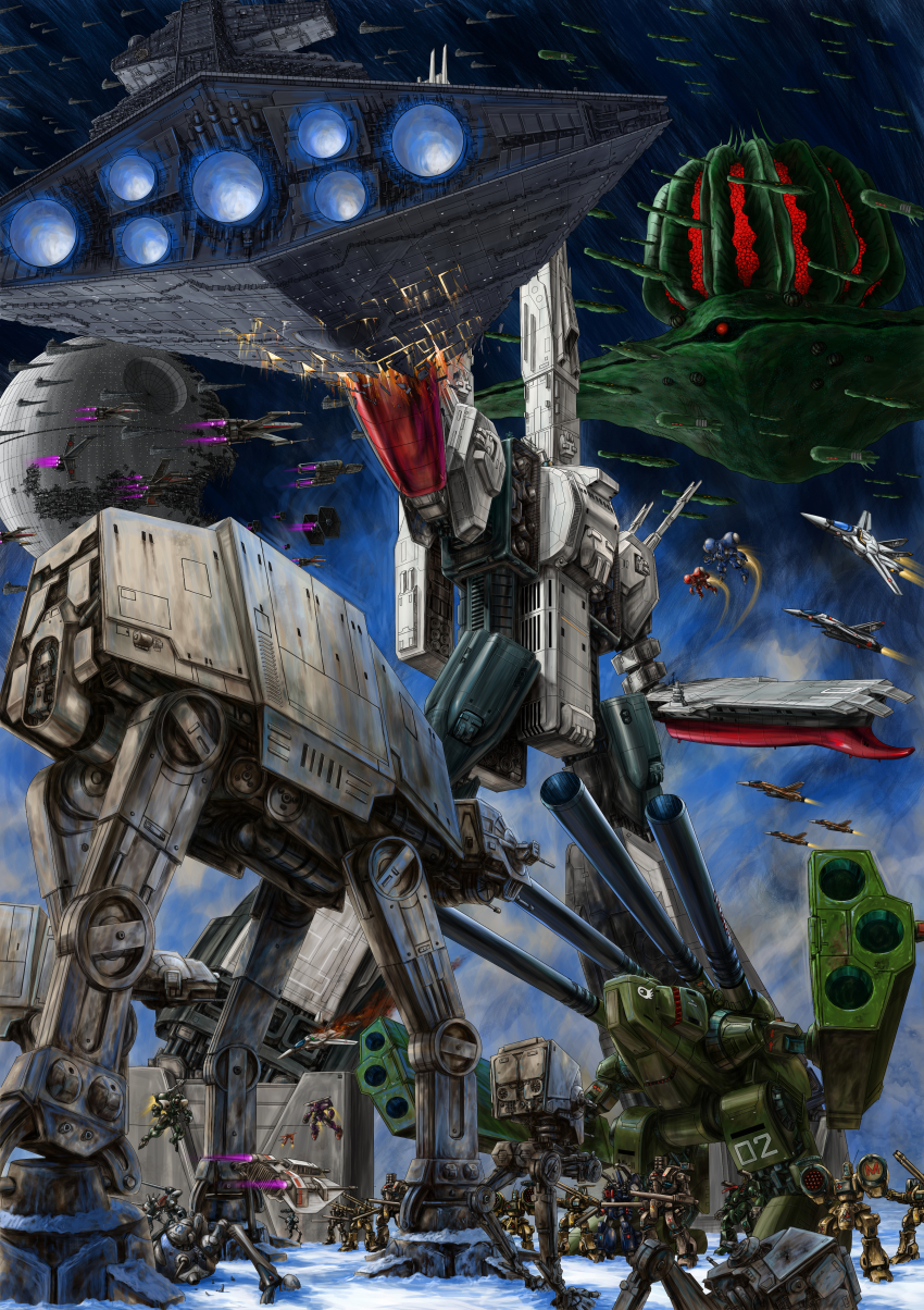 absurdres action alien armor at-at at-at_walker at-st battle boddole_zer commentary commentary_request crossover daedalus_attack damaged death_star debris destruction energy_cannon epic fleet flying galactic_empire_(star_wars) glaug highres hoth huge_filesize jolly_roger macross macross:_do_you_remember_love? mecha military millenium_falcon missile_pod monster_destroid nousjadeul-ger nupetiet-vergnitzs phalanx_(destroid) power_armor prometheus_(ship) queadluun-rau quiltra-queleual regult robot robotech science_fiction sdf-1 snow snowspeeder space_station spacecraft spartan_(destroid) star_destroyer star_wars starfighter t-65_x-wing thrusters tie_fighter tomahawk_(destroid) u.n._spacy variable_fighter vf-1 walker_(robot) wreckage x-wing y-wing zandan_zero_to_na!? zentradi