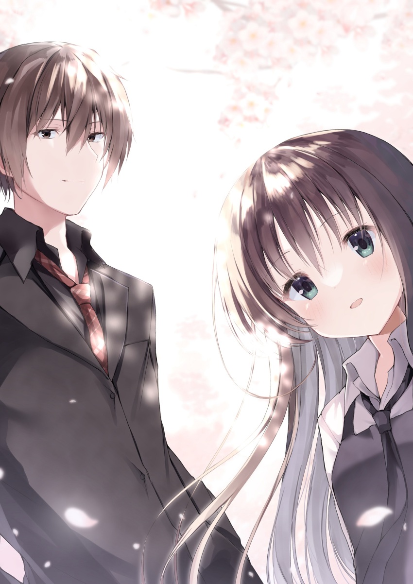 1boy 1girl black_dress black_hair black_jacket black_necktie black_shirt blush brown_eyes brown_hair cherry_blossoms closed_mouth collared_shirt commentary_request dappled_sunlight day dress eyelashes falling_petals green_eyes hair_between_eyes happy highres jacket kusanagi_naoya long_hair looking_at_viewer natsume_ai necktie open_mouth outdoors petals plaid_clothes plaid_necktie red_necktie sakura_no_toki sakura_no_uta school_uniform shirt short_hair sleeveless sleeveless_dress smile split_mouth spring_(season) straight_hair sunlight takepoison tsurime upper_body white_shirt