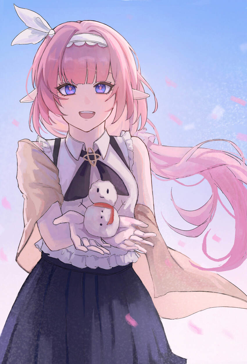 1girl :d absurdres black_skirt blue_eyes c_onamomi_er cowboy_shot elysia_(honkai_impact) hair_ribbon highres holding honkai_(series) honkai_impact_3rd long_hair looking_at_viewer open_mouth pink_hair pointy_ears ribbon shirt skirt sleeveless sleeveless_shirt smile snowman solo very_long_hair white_ribbon white_shirt