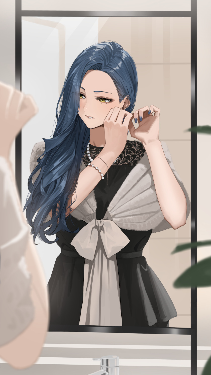 1girl absurdres adjusting_eyewear black_dress blue_hair blue_nails bracelet commentary_request dress faucet forehead hair_over_one_eye hara_kenshi highres indoors jewelry kimishima_touka lace_dress long_hair looking_to_the_side necklace original pearl_bracelet pearl_necklace solo yellow_eyes
