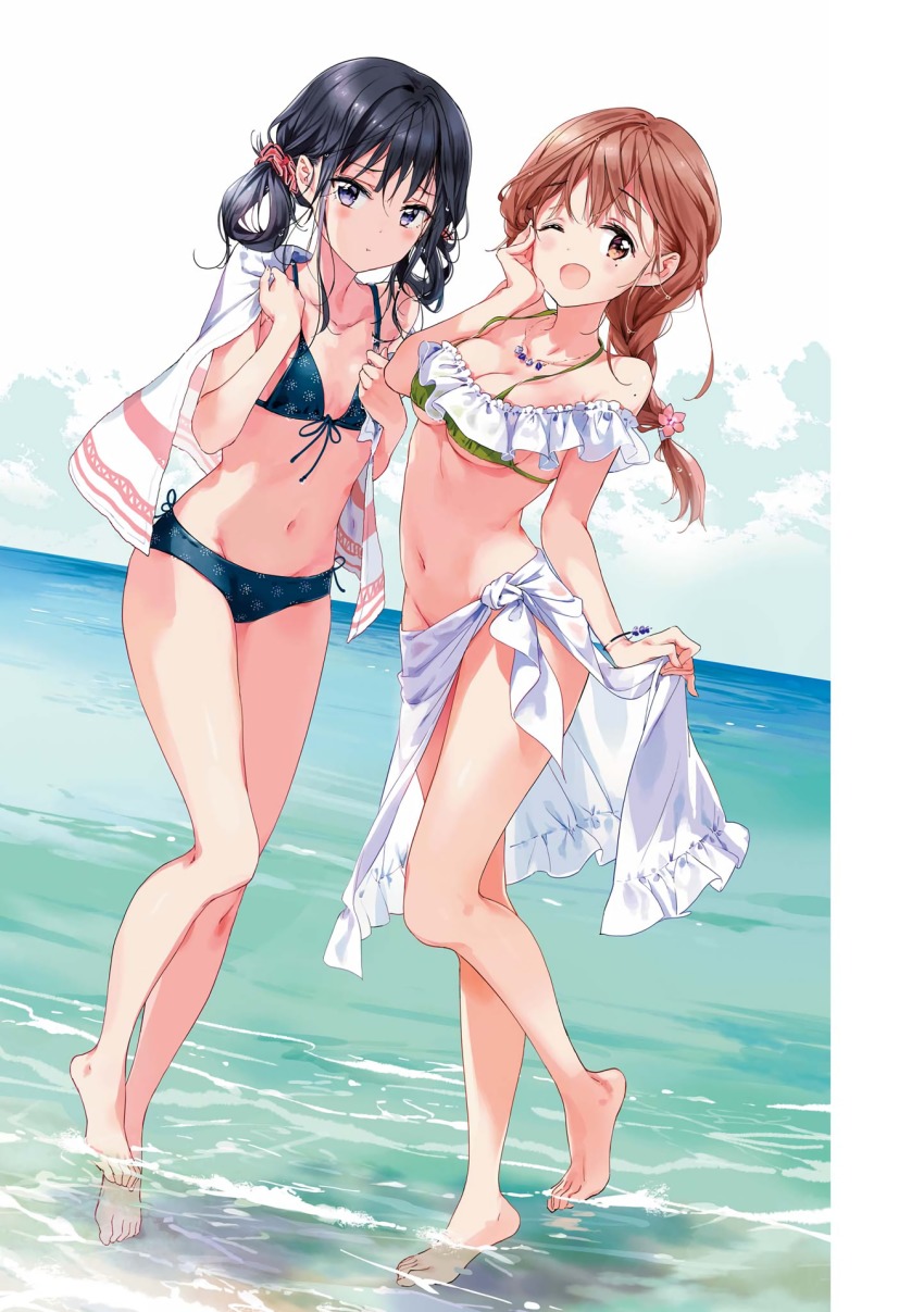 2girls ;d barefoot bikini bikini_top_only black_bikini black_eyes black_hair blush bracelet braid breasts brown_hair cleavage collarbone day dutch_angle flat_chest flower front-tie_bikini_top front-tie_top full_body green_bikini groin hair_between_eyes hair_flower hair_ornament hair_scrunchie hand_on_own_cheek hand_on_own_face highres jewelry long_hair looking_at_viewer masamune-kun_no_revenge medium_breasts mole mole_under_eye multiple_girls navel necklace ocean one_eye_closed open_mouth outdoors pink_flower ponytail print_bikini red_scrunchie sarong scrunchie sideboob single_braid skirt_hold smile soaking_feet standing standing_on_one_leg swimsuit tiv underboob wading