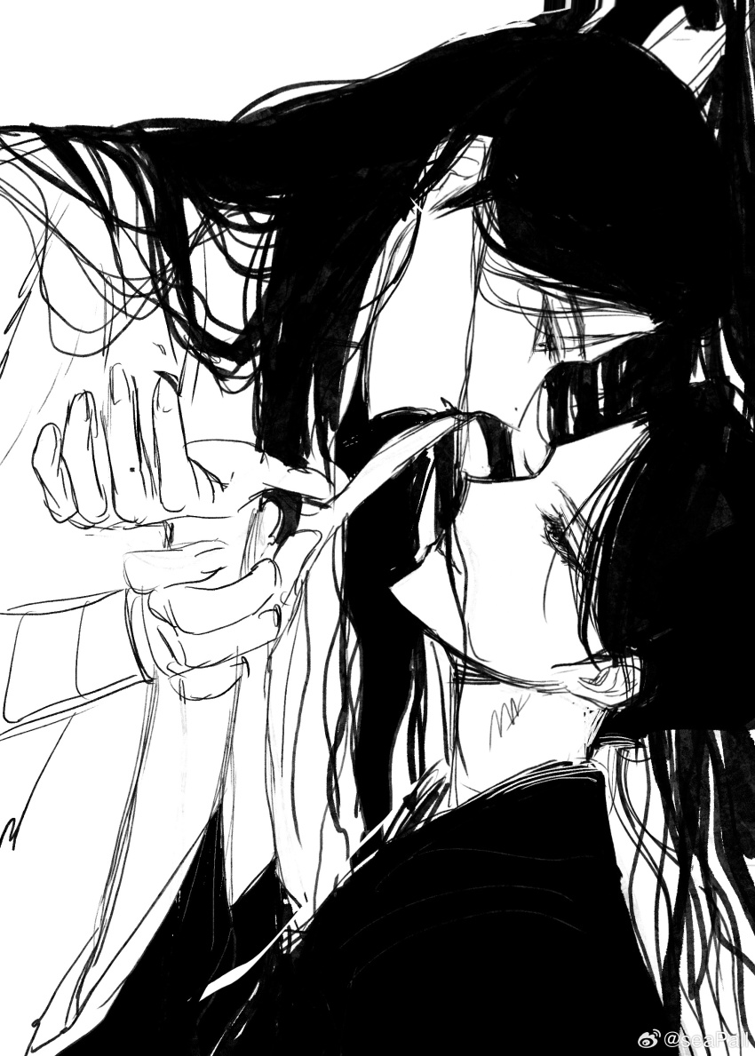 2boys absurdres bracer character_request chinese_clothes chinese_commentary closed_mouth commentary_request copyright_request eyelashes greyscale hair_ornament hair_over_shoulder half-closed_eyes hanfu highres holding_another&#039;s_wrist leaning_forward long_hair long_sleeves male_focus monochrome mouth_hold multiple_boys parted_lips seapall sitting topknot upper_body very_long_hair watermark weibo_watermark white_background yaoi