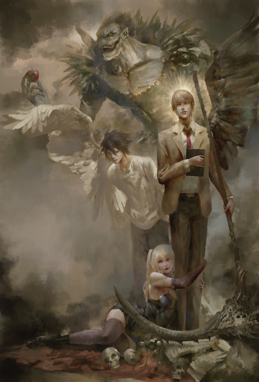 absurdres amane_misa apple belt black_footwear black_hair blonde_hair blush brown_hair christian_angel death_note death_note_(object) food fruit highres l_(death_note) legs necktie on_floor ryuk school_uniform shinigami skull wings yagami_light