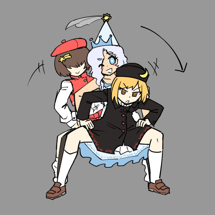3girls alternate_costume alternate_hairstyle black_headwear blonde_hair blue_hair brown_eyes brown_footwear brown_hair choo_choo_train crescent crescent_hat_ornament dress grey_background hair_ornament hat_ornament highres kaibootsu light_blue_hair long_sleeves looking_at_viewer lunasa_prismriver lyrica_prismriver merlin_prismriver multiple_girls red_headwear shooting_star_hair_ornament sleeveless sleeveless_dress smile socks star_(symbol) star_hair_ornament sun_hat_ornament touhou white_headwear white_socks