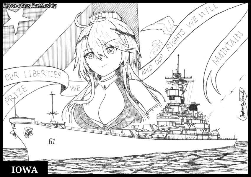 1girl absurdres ahoge battleship breasts character_name cleavage commentary english_commentary english_text front-tie_top graphite_(medium) greyscale hat highres iowa_(kancolle) kantai_collection large_breasts long_hair military_vehicle millipen_(medium) monochrome name_connection object_namesake ocean pen_(medium) ship star-shaped_pupils star_(symbol) symbol-shaped_pupils the_general traditional_media uss_iowa_(bb-61) warship watercraft