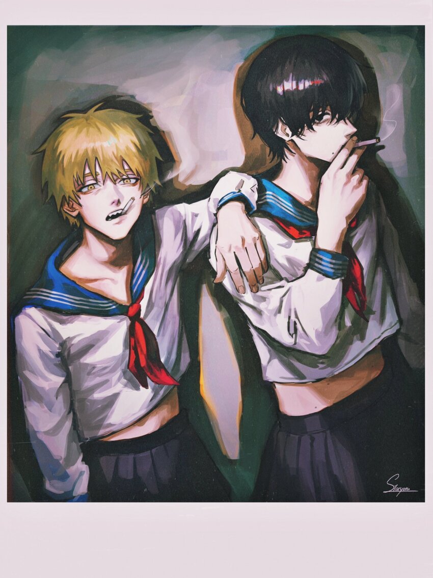 2boys arm_on_another&#039;s_shoulder artist_name black_hair blonde_hair blue_sailor_collar chainsaw_man cigarette crossdressing denji_(chainsaw_man) highres holding holding_cigarette looking_at_viewer multiple_boys neckerchief open_mouth red_neckerchief sailor_collar school_uniform serafuku sharp_teeth short_hair sideways_glance signature smoke smoking staryoruu teeth yoshida_hirofumi