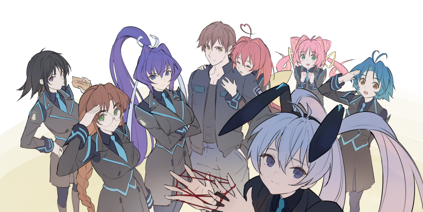 1boy 6+girls ^_^ ahoge antenna_hair ayamine_kei black_hair black_jacket black_shirt blouse blue_hair blue_necktie blush bow braid cat&#039;s_cradle closed_eyes collarbone collared_shirt commentary crossed_arms english_commentary food glasses green_eyes hair_behind_ear hair_bow hair_ears hair_intakes heart heart_ahoge heart-shaped_hair highres holding holding_food hug hug_from_behind jacket juliet_sleeves kagami_sumika long_sleeves looking_at_viewer military military_uniform mitsurugi_meiya multiple_girls muv-luv muv-luv_alternative necktie pink_hair puffy_sleeves purple_eyes red_hair sakaki_chizuru salute shirogane_takeru shirt short_hair silver_hair smile tamase_miki timbougami twin_braids twintails yakisoba yakisobapan yashiro_kasumi yellow_bow yoroi_mikoto